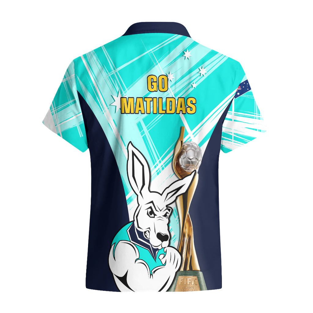 Australia Soccer Hawaiian Shirt Matildas Kangaroo With World Cup Trophy 2023 Turquoise Version - Wonder Print Shop