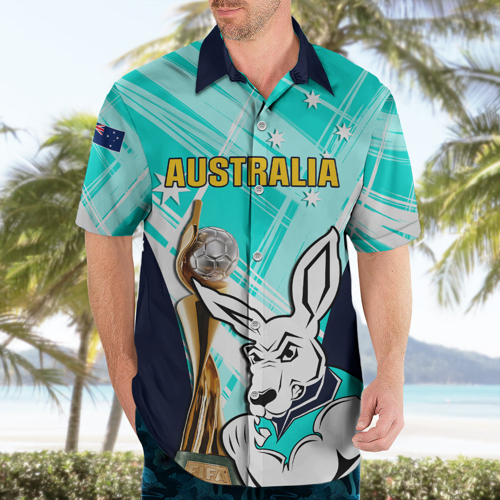 Australia Soccer Hawaiian Shirt Matildas Kangaroo With World Cup Trophy 2023 Turquoise Version - Wonder Print Shop