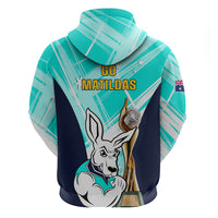 Australia Soccer Hoodie Matildas Kangaroo With World Cup Trophy 2023 Turquoise Version - Wonder Print Shop