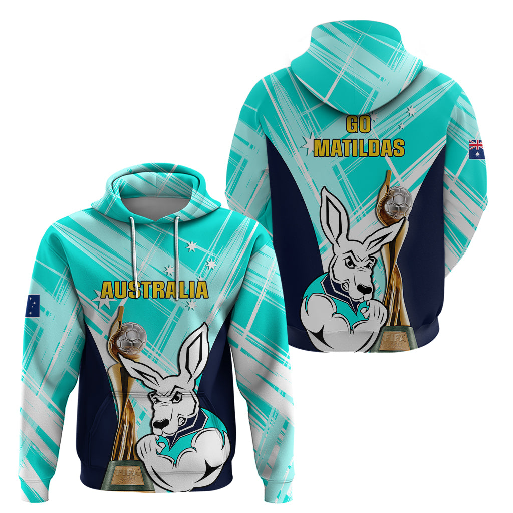 Australia Soccer Hoodie Matildas Kangaroo With World Cup Trophy 2023 Turquoise Version - Wonder Print Shop