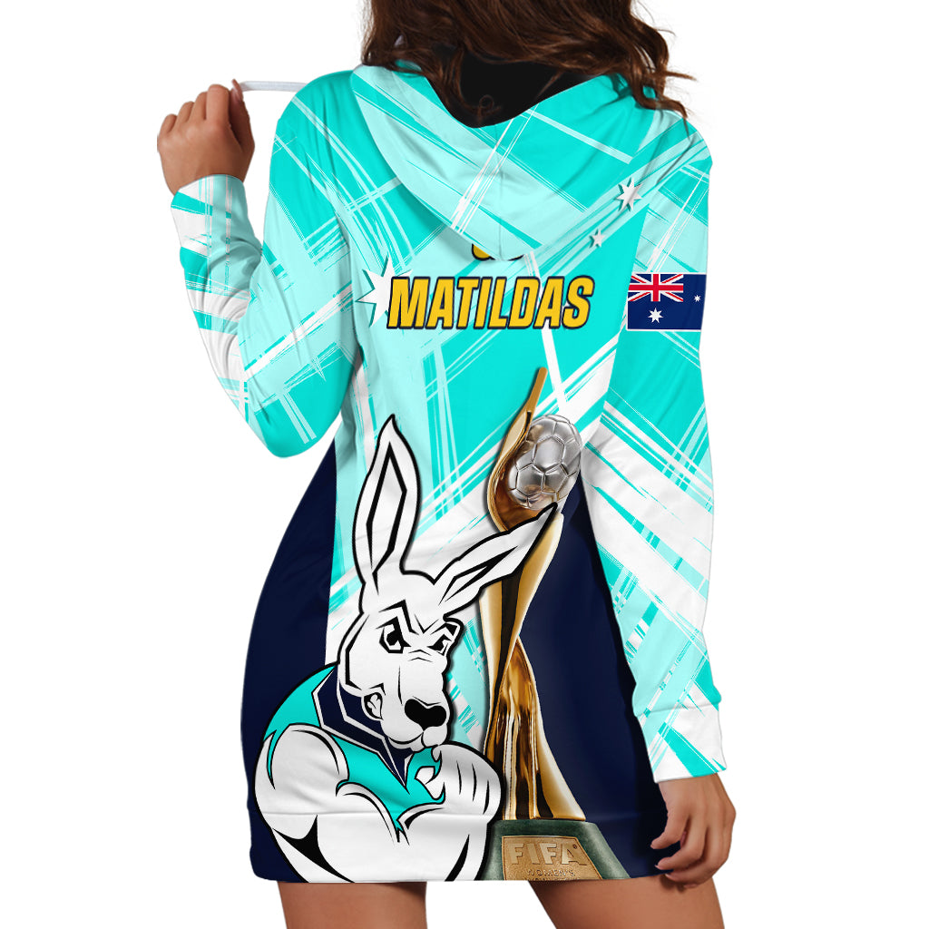 Australia Soccer Hoodie Dress Matildas Kangaroo With World Cup Trophy 2023 Turquoise Version - Wonder Print Shop
