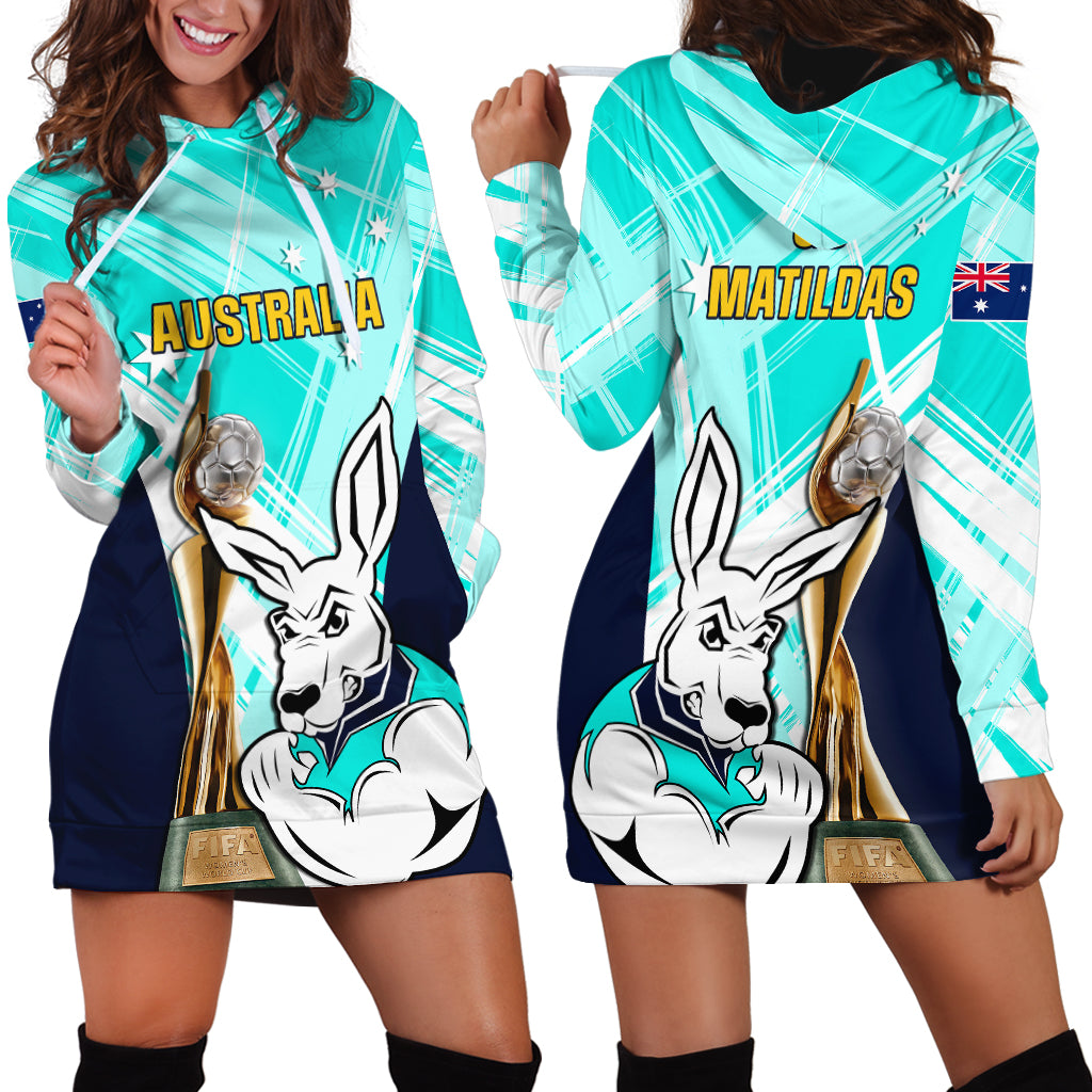Australia Soccer Hoodie Dress Matildas Kangaroo With World Cup Trophy 2023 Turquoise Version - Wonder Print Shop