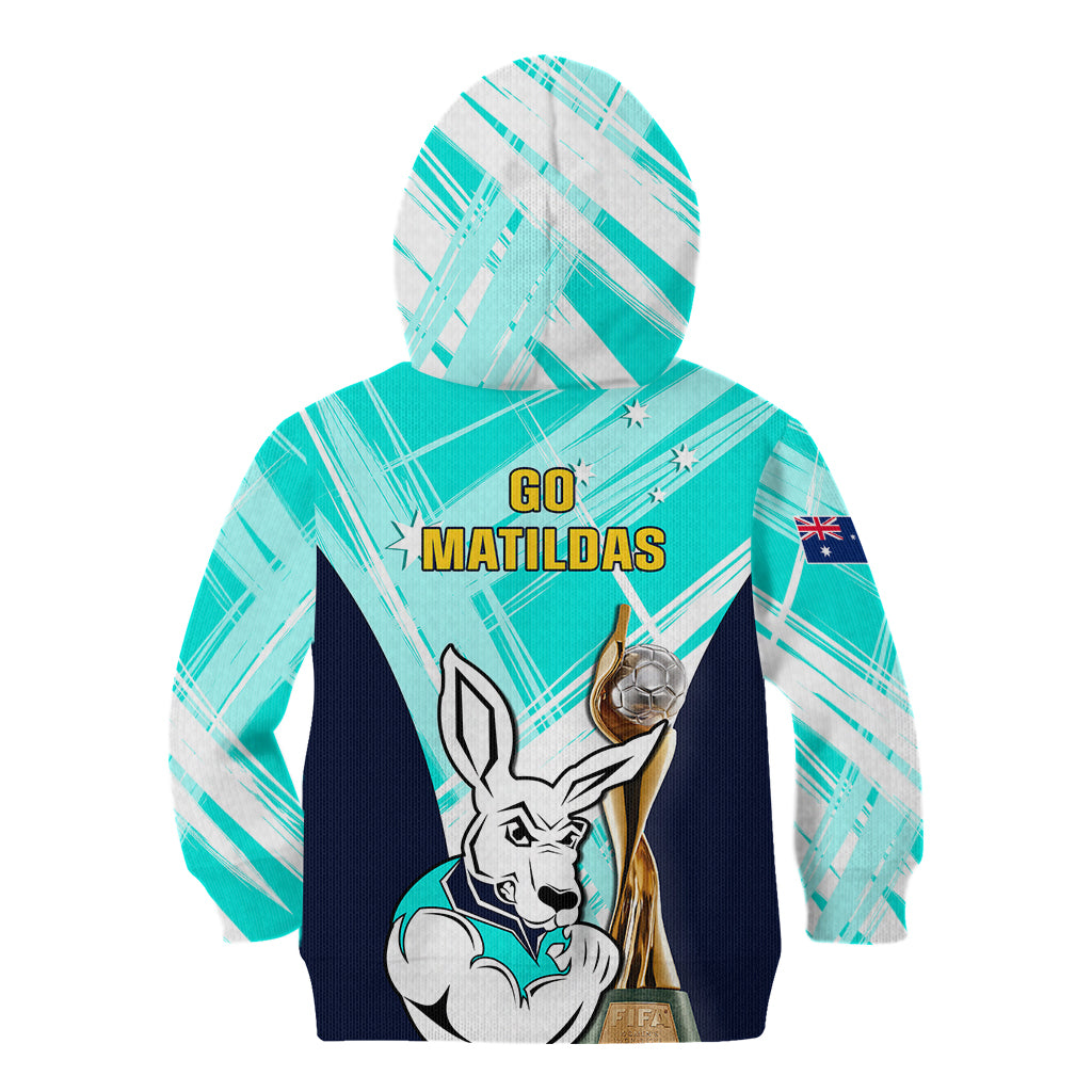 Australia Soccer Kid Hoodie Matildas Kangaroo With World Cup Trophy 2023 Turquoise Version - Wonder Print Shop