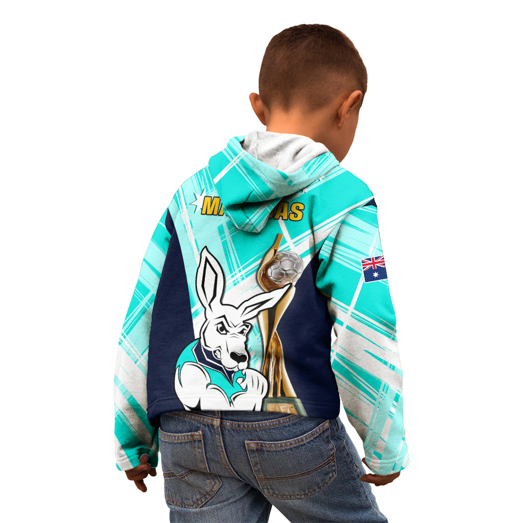 Australia Soccer Kid Hoodie Matildas Kangaroo With World Cup Trophy 2023 Turquoise Version - Wonder Print Shop