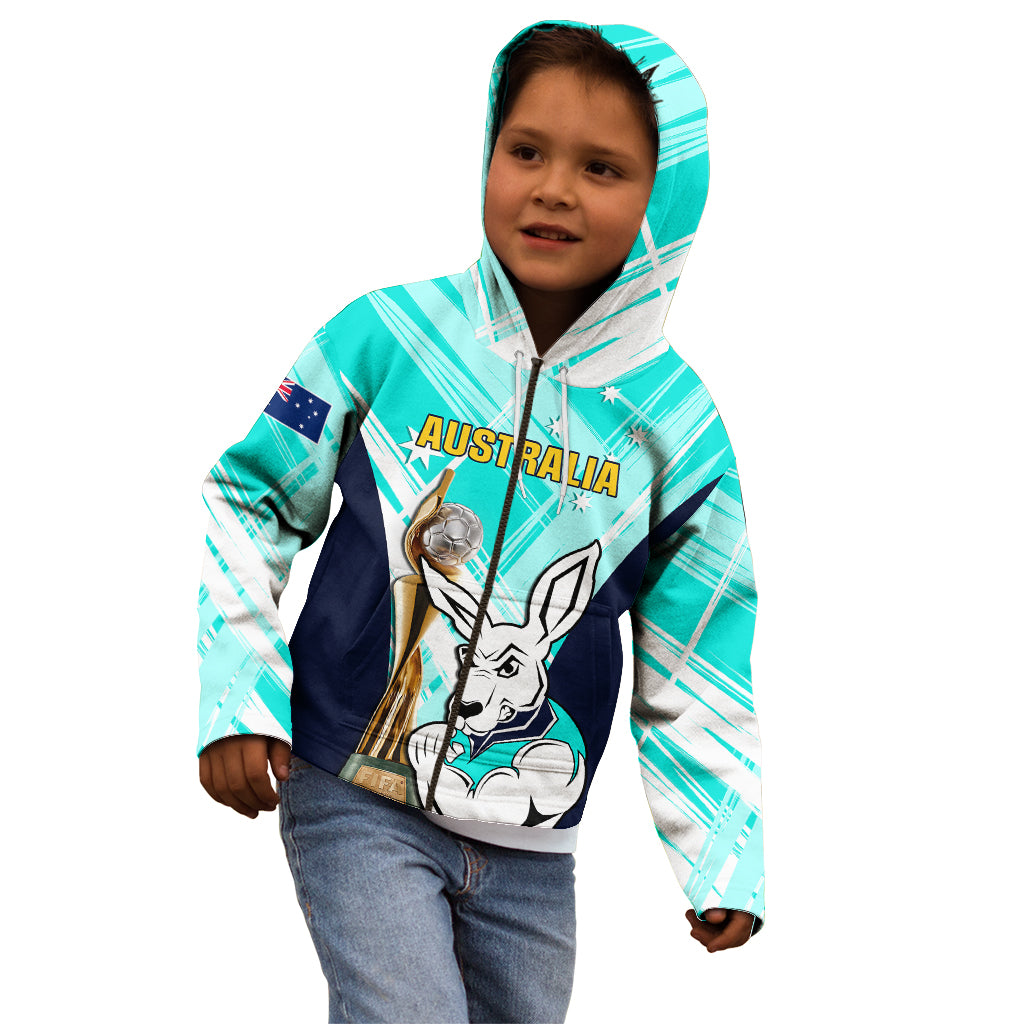 Australia Soccer Kid Hoodie Matildas Kangaroo With World Cup Trophy 2023 Turquoise Version - Wonder Print Shop