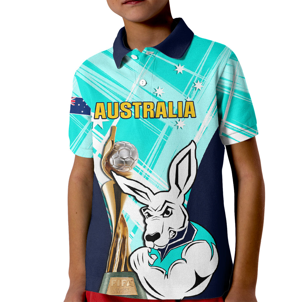 Australia Soccer Kid Polo Shirt Matildas Kangaroo With World Cup Trophy 2023 Turquoise Version - Wonder Print Shop