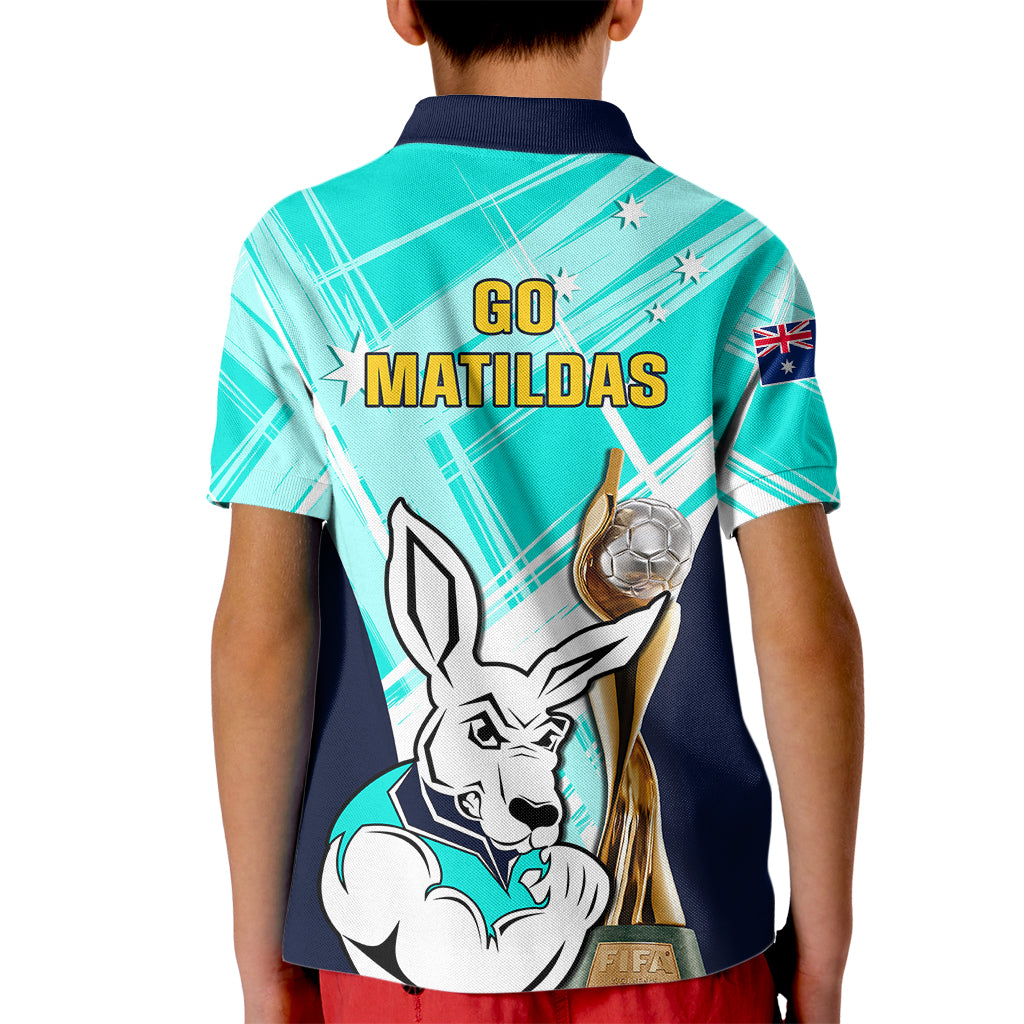 Australia Soccer Kid Polo Shirt Matildas Kangaroo With World Cup Trophy 2023 Turquoise Version - Wonder Print Shop