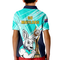Australia Soccer Kid Polo Shirt Matildas Kangaroo With World Cup Trophy 2023 Turquoise Version - Wonder Print Shop