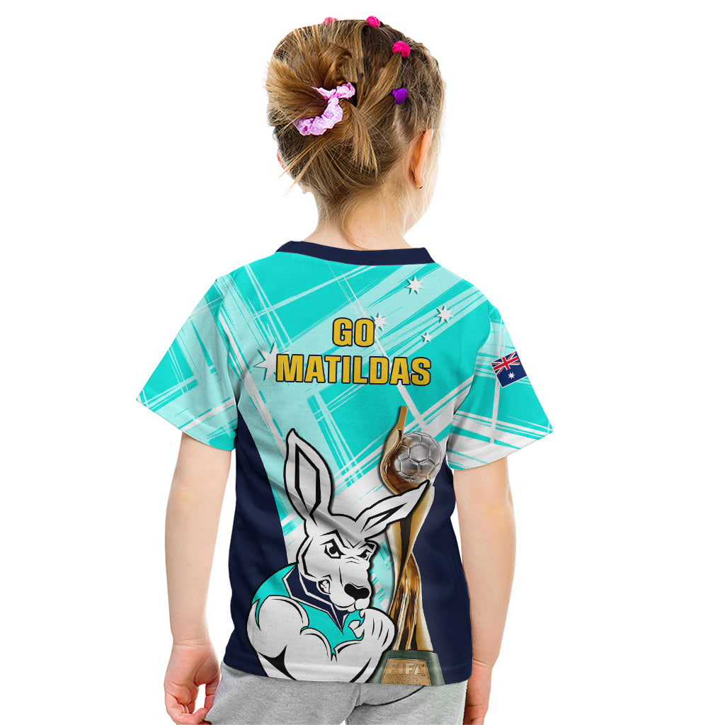 Australia Soccer Kid T Shirt Matildas Kangaroo With World Cup Trophy 2023 Turquoise Version - Wonder Print Shop