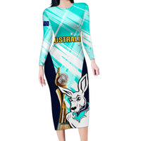 Australia Soccer Long Sleeve Bodycon Dress Matildas Kangaroo With World Cup Trophy 2023 Turquoise Version - Wonder Print Shop