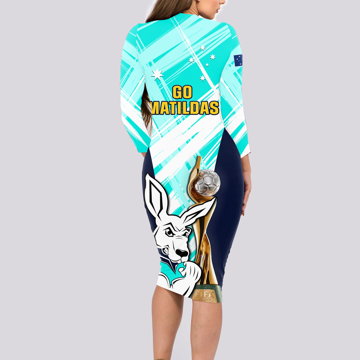 Australia Soccer Long Sleeve Bodycon Dress Matildas Kangaroo With World Cup Trophy 2023 Turquoise Version - Wonder Print Shop
