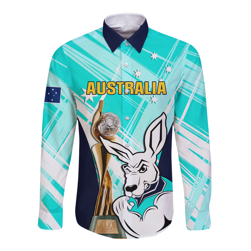 Australia Soccer Long Sleeve Button Shirt Matildas Kangaroo With World Cup Trophy 2023 Turquoise Version - Wonder Print Shop