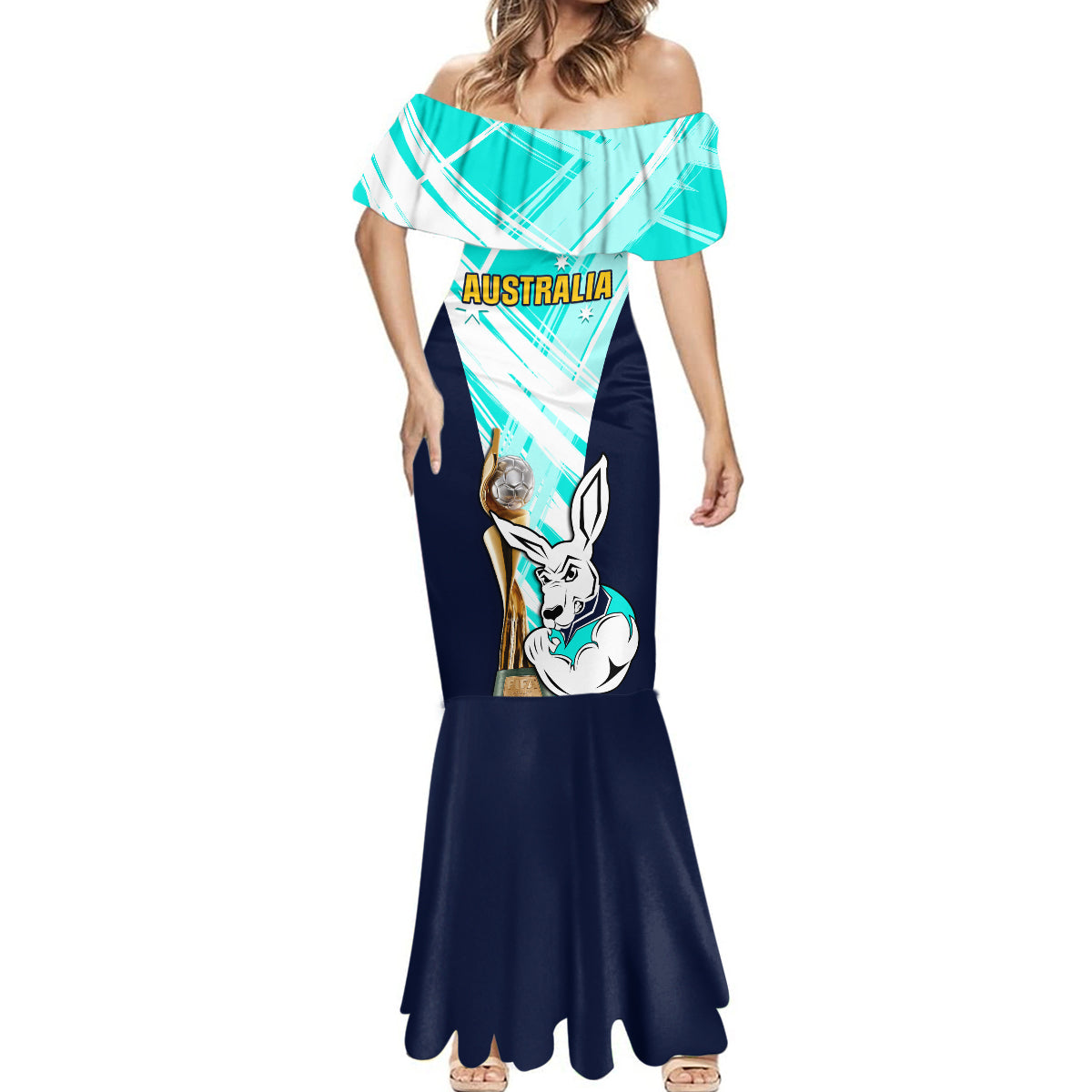 Australia Soccer Mermaid Dress Matildas Kangaroo With World Cup Trophy 2023 Turquoise Version - Wonder Print Shop