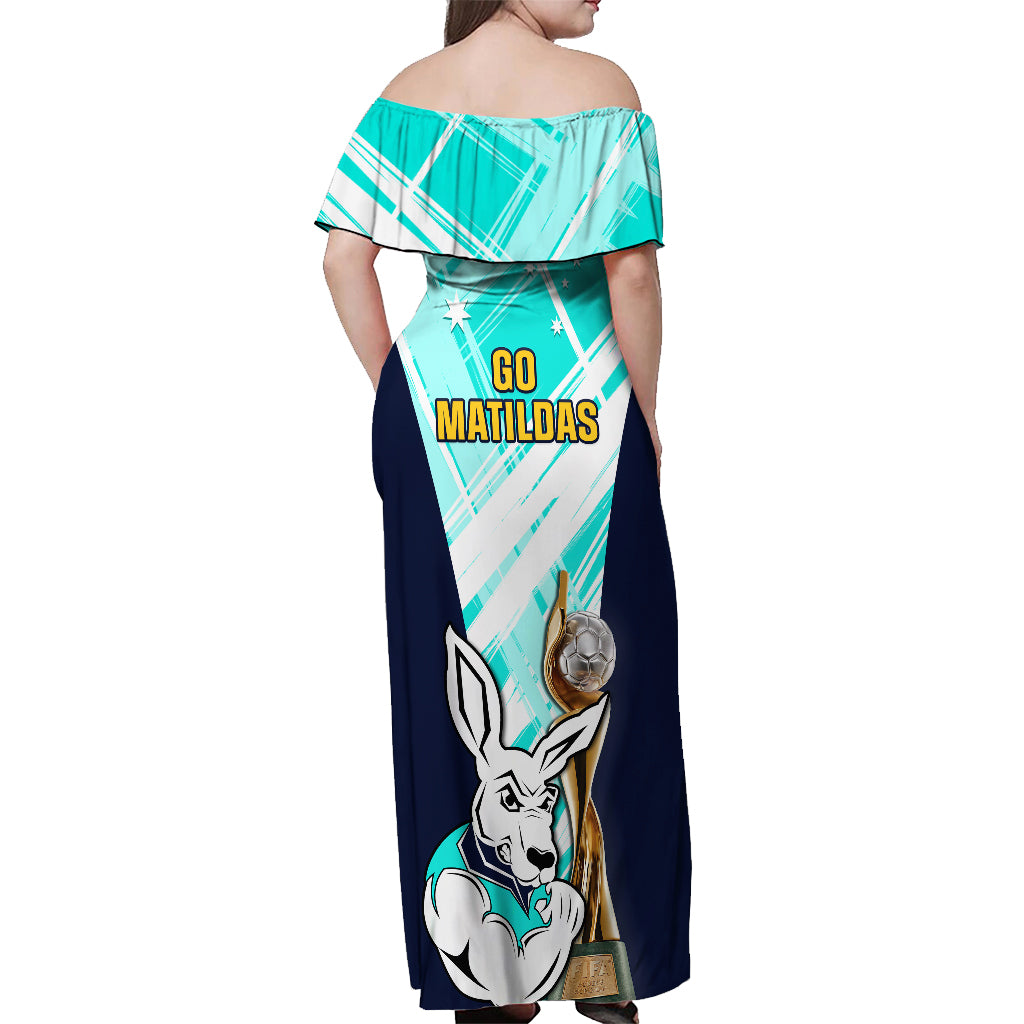 Australia Soccer Off Shoulder Maxi Dress Matildas Kangaroo With World Cup Trophy 2023 Turquoise Version - Wonder Print Shop