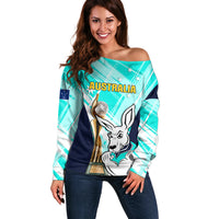 Australia Soccer Off Shoulder Sweater Matildas Kangaroo With World Cup Trophy 2023 Turquoise Version - Wonder Print Shop