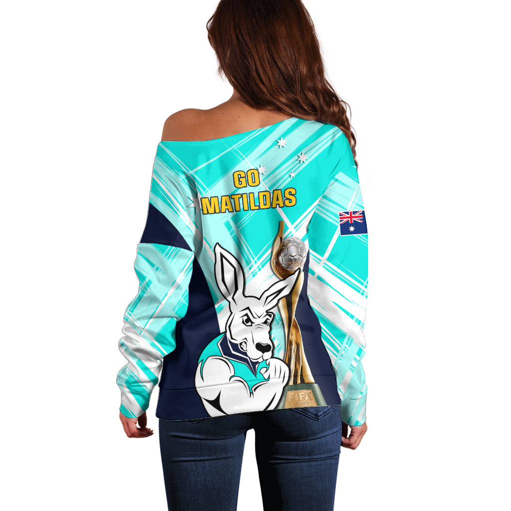 Australia Soccer Off Shoulder Sweater Matildas Kangaroo With World Cup Trophy 2023 Turquoise Version - Wonder Print Shop