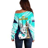 Australia Soccer Off Shoulder Sweater Matildas Kangaroo With World Cup Trophy 2023 Turquoise Version - Wonder Print Shop