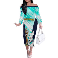 Australia Soccer Off The Shoulder Long Sleeve Dress Matildas Kangaroo With World Cup Trophy 2023 Turquoise Version - Wonder Print Shop