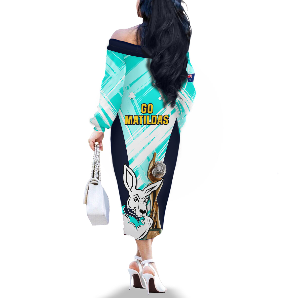 Australia Soccer Off The Shoulder Long Sleeve Dress Matildas Kangaroo With World Cup Trophy 2023 Turquoise Version - Wonder Print Shop