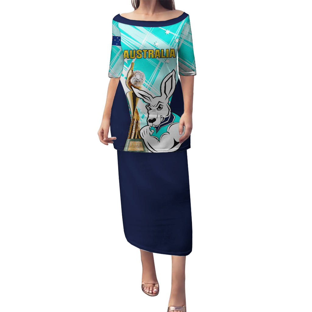 Australia Soccer Puletasi Matildas Kangaroo With World Cup Trophy 2023 Turquoise Version - Wonder Print Shop