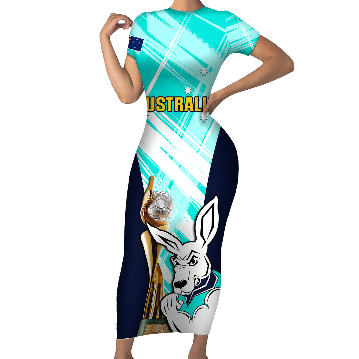 Australia Soccer Short Sleeve Bodycon Dress Matildas Kangaroo With World Cup Trophy 2023 Turquoise Version - Wonder Print Shop