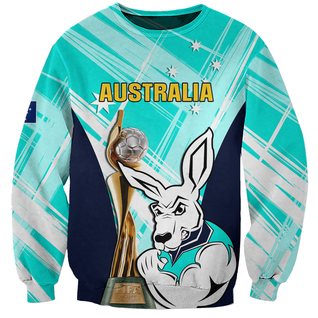 Australia Soccer Sweatshirt Matildas Kangaroo With World Cup Trophy 2023 Turquoise Version - Wonder Print Shop