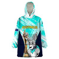 Australia Soccer Wearable Blanket Hoodie Matildas Kangaroo With World Cup Trophy 2023 Turquoise Version - Wonder Print Shop