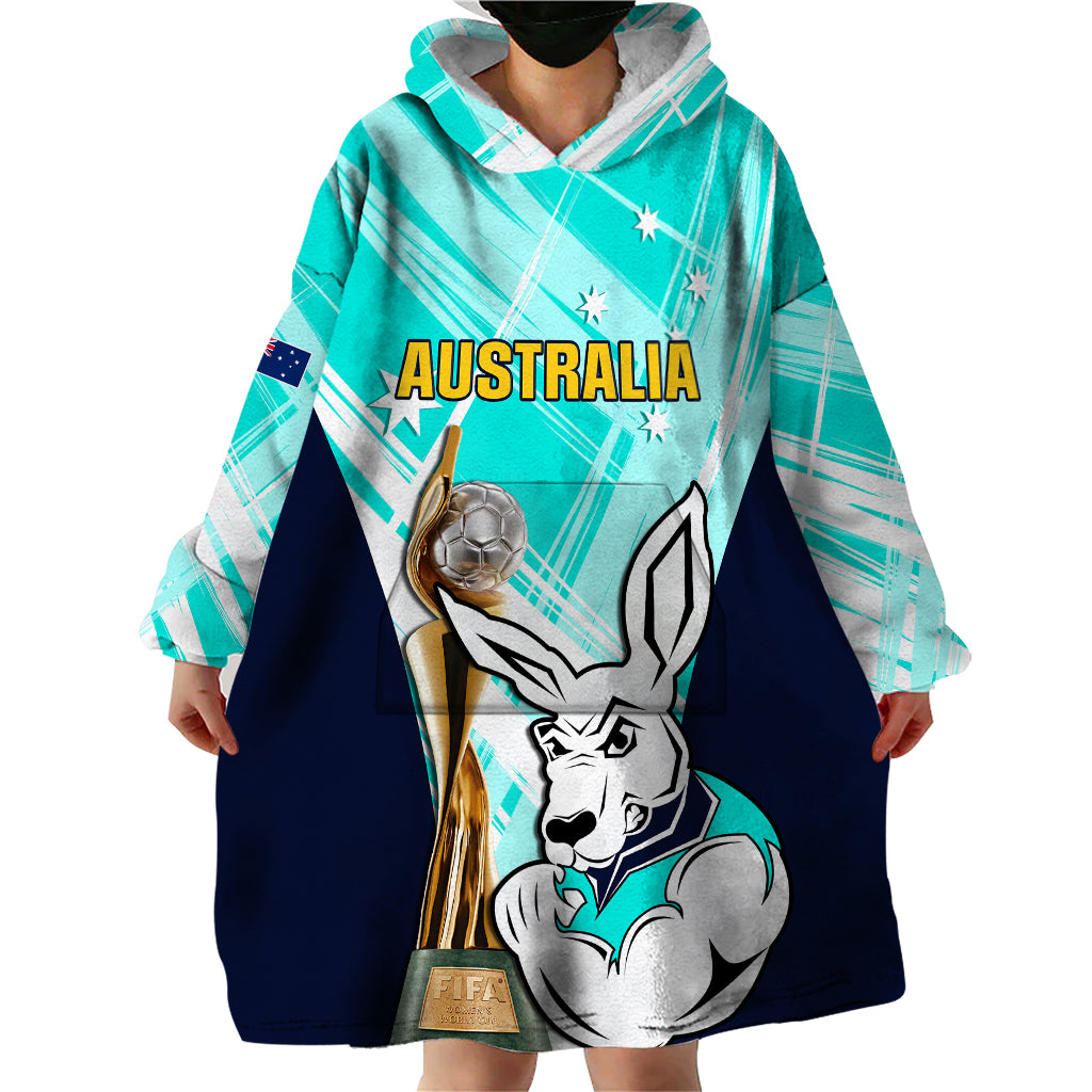 Australia Soccer Wearable Blanket Hoodie Matildas Kangaroo With World Cup Trophy 2023 Turquoise Version - Wonder Print Shop