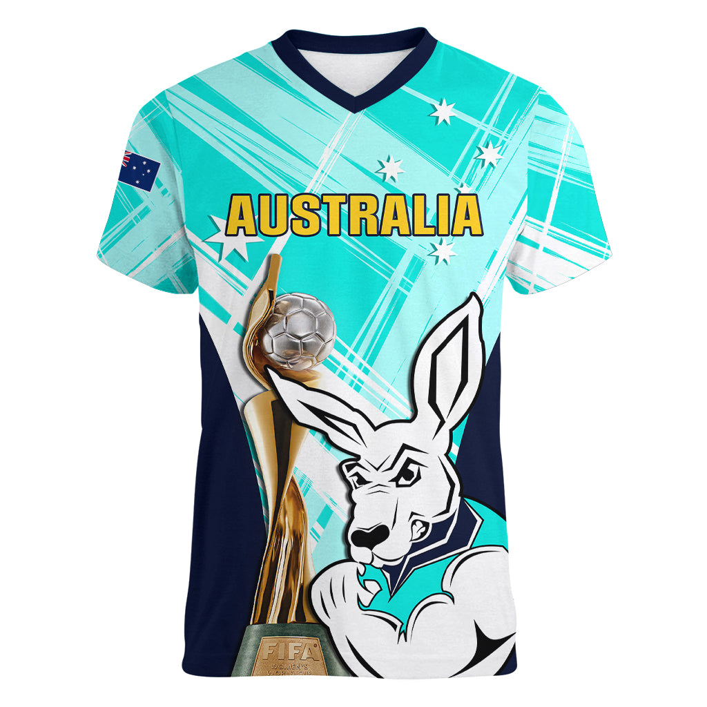 Australia Soccer Women V Neck T Shirt Matildas Kangaroo With World Cup Trophy 2023 Turquoise Version - Wonder Print Shop