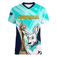 Australia Soccer Women V Neck T Shirt Matildas Kangaroo With World Cup Trophy 2023 Turquoise Version - Wonder Print Shop
