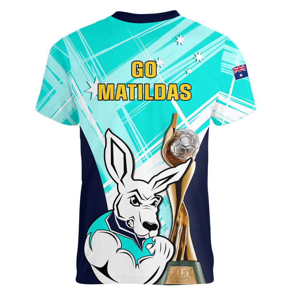 Australia Soccer Women V Neck T Shirt Matildas Kangaroo With World Cup Trophy 2023 Turquoise Version - Wonder Print Shop