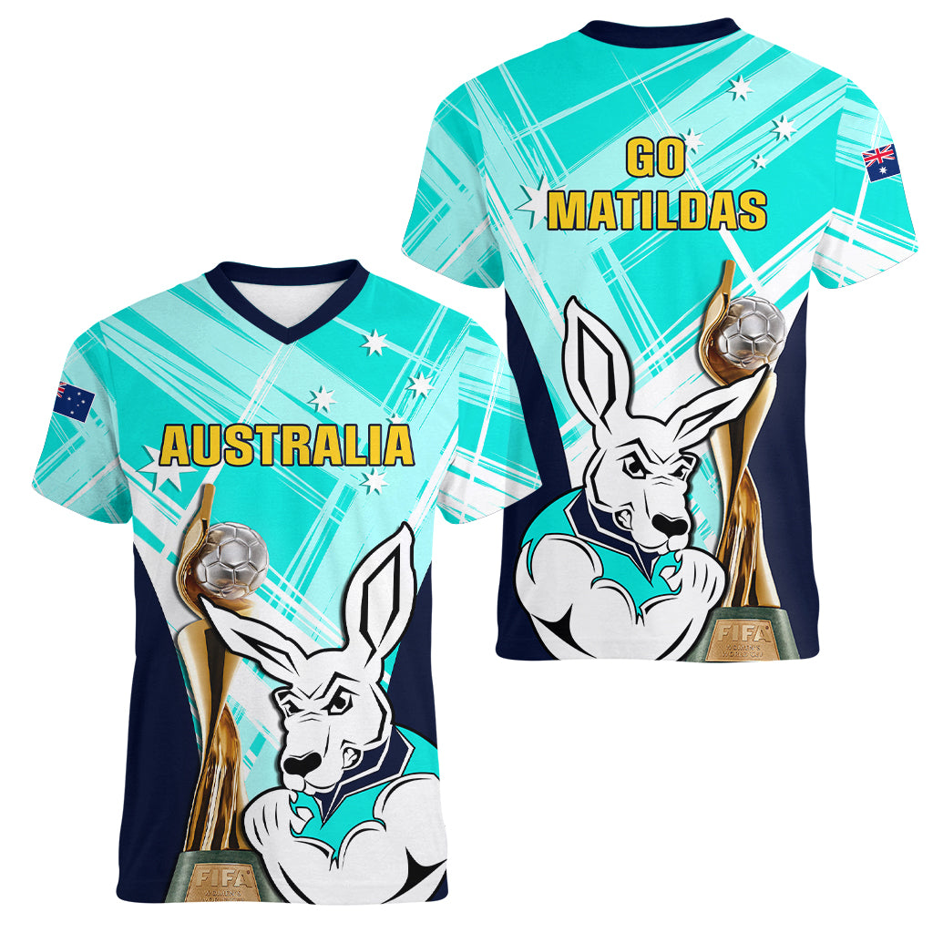 Australia Soccer Women V Neck T Shirt Matildas Kangaroo With World Cup Trophy 2023 Turquoise Version - Wonder Print Shop