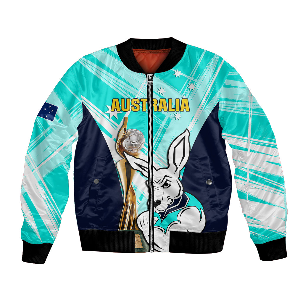 Custom Australia Soccer Bomber Jacket Matildas Kangaroo With World Cup Trophy 2023 Turquoise Version - Wonder Print Shop