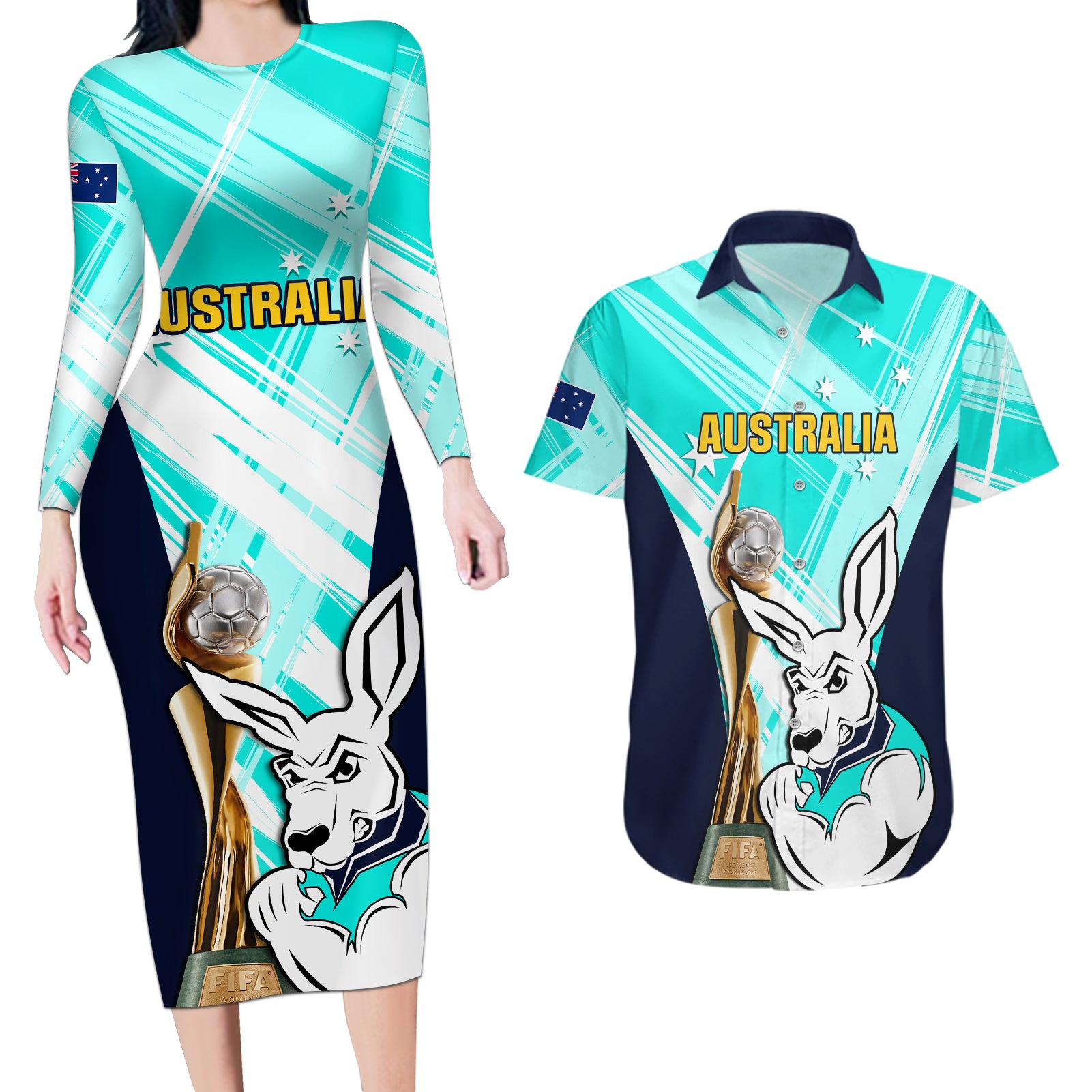 Custom Australia Soccer Couples Matching Long Sleeve Bodycon Dress and Hawaiian Shirt Matildas Kangaroo With World Cup Trophy 2023 Turquoise Version - Wonder Print Shop