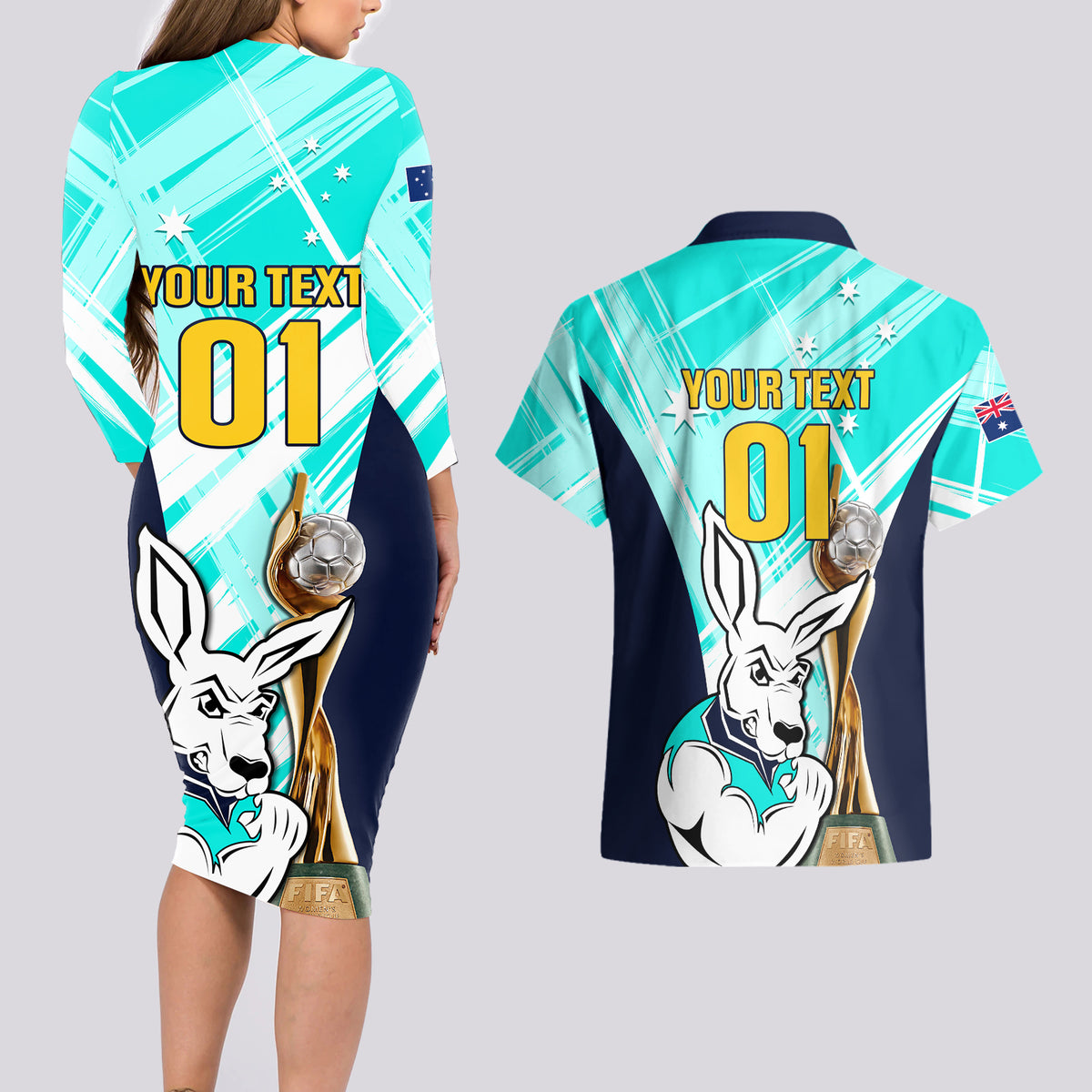 Custom Australia Soccer Couples Matching Long Sleeve Bodycon Dress and Hawaiian Shirt Matildas Kangaroo With World Cup Trophy 2023 Turquoise Version - Wonder Print Shop