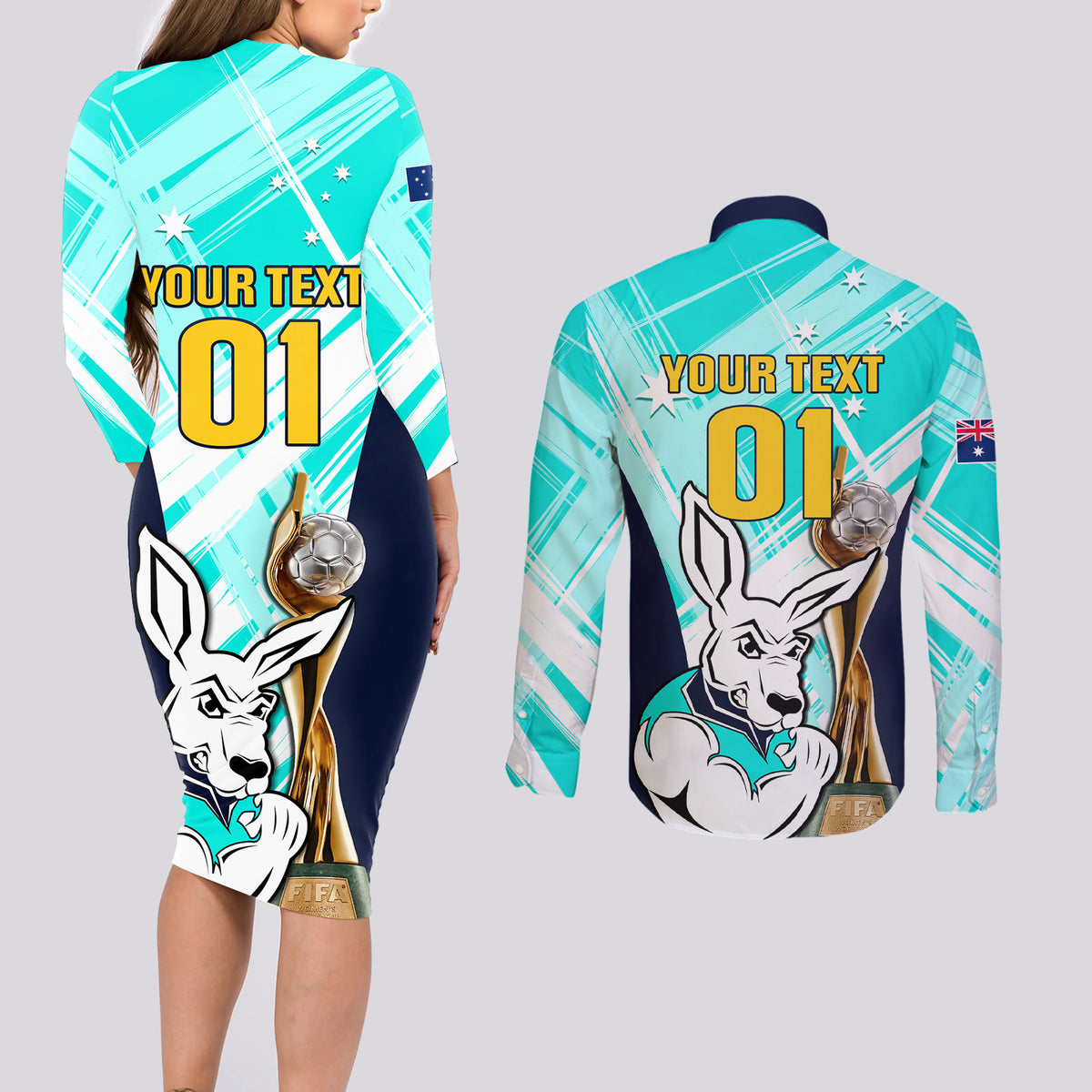 Custom Australia Soccer Couples Matching Long Sleeve Bodycon Dress and Long Sleeve Button Shirts Matildas Kangaroo With World Cup Trophy 2023 Turquoise Version - Wonder Print Shop
