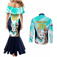 custom-australia-soccer-couples-matching-mermaid-dress-and-long-sleeve-button-shirts-matildas-kangaroo-with-world-cup-trophy-2023-turquoise-version