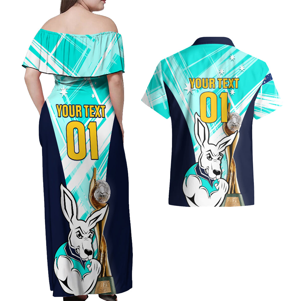 Custom Australia Soccer Couples Matching Off Shoulder Maxi Dress and Hawaiian Shirt Matildas Kangaroo With World Cup Trophy 2023 Turquoise Version - Wonder Print Shop