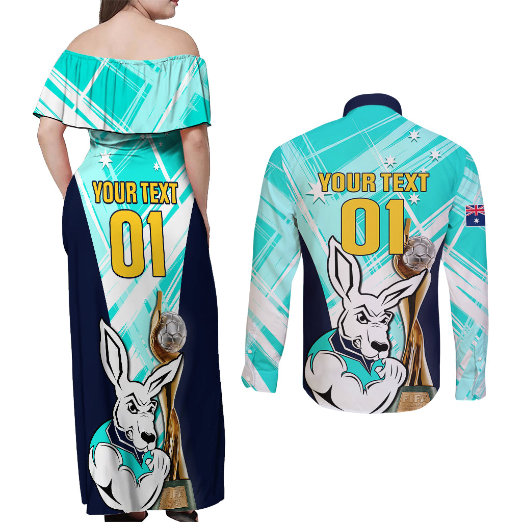 Custom Australia Soccer Couples Matching Off Shoulder Maxi Dress and Long Sleeve Button Shirts Matildas Kangaroo With World Cup Trophy 2023 Turquoise Version - Wonder Print Shop