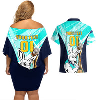 Custom Australia Soccer Couples Matching Off Shoulder Short Dress and Hawaiian Shirt Matildas Kangaroo With World Cup Trophy 2023 Turquoise Version - Wonder Print Shop