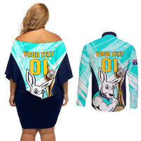 Custom Australia Soccer Couples Matching Off Shoulder Short Dress and Long Sleeve Button Shirts Matildas Kangaroo With World Cup Trophy 2023 Turquoise Version - Wonder Print Shop