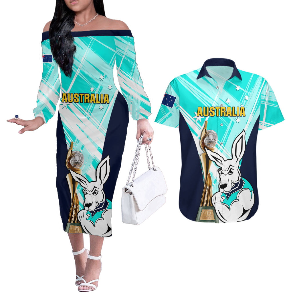 Custom Australia Soccer Couples Matching Off The Shoulder Long Sleeve Dress and Hawaiian Shirt Matildas Kangaroo With World Cup Trophy 2023 Turquoise Version - Wonder Print Shop