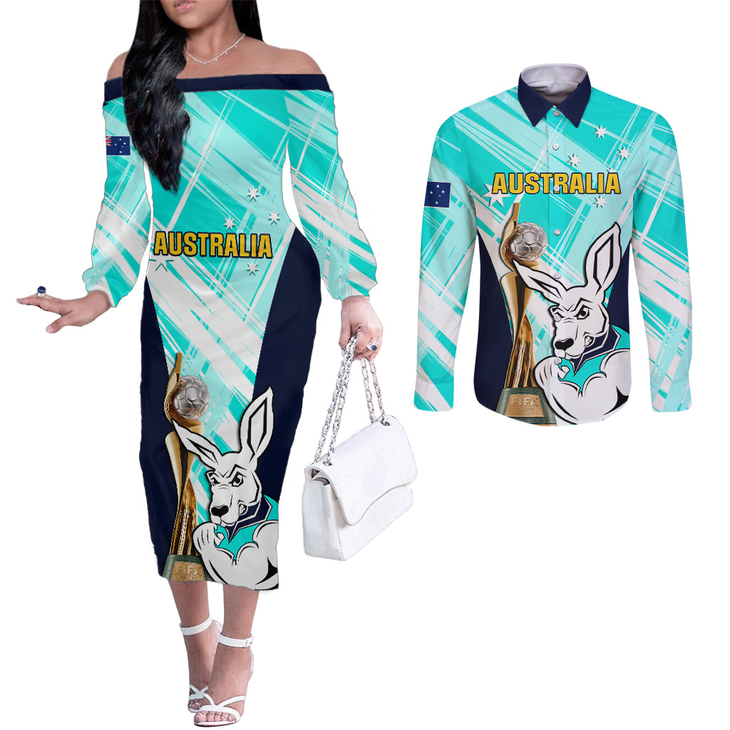 custom-australia-soccer-couples-matching-off-the-shoulder-long-sleeve-dress-and-long-sleeve-button-shirts-matildas-kangaroo-with-world-cup-trophy-2023-turquoise-version