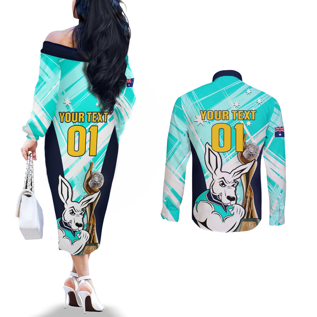 custom-australia-soccer-couples-matching-off-the-shoulder-long-sleeve-dress-and-long-sleeve-button-shirts-matildas-kangaroo-with-world-cup-trophy-2023-turquoise-version