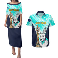 Custom Australia Soccer Couples Matching Puletasi Dress and Hawaiian Shirt Matildas Kangaroo With World Cup Trophy 2023 Turquoise Version - Wonder Print Shop