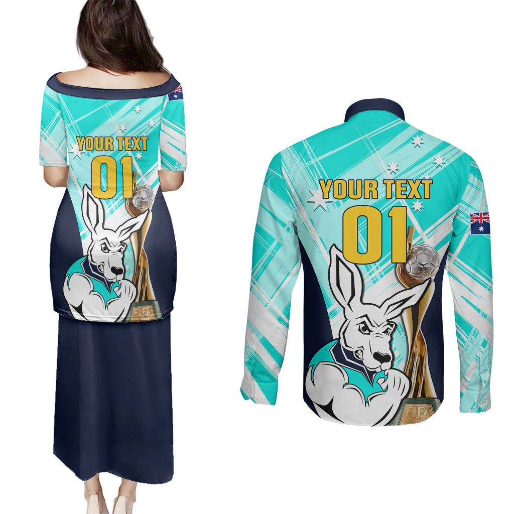 Custom Australia Soccer Couples Matching Puletasi Dress and Long Sleeve Button Shirts Matildas Kangaroo With World Cup Trophy 2023 Turquoise Version - Wonder Print Shop