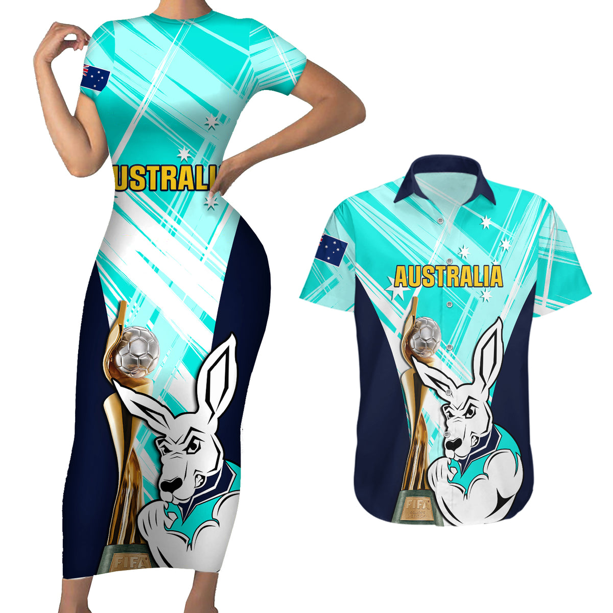 Custom Australia Soccer Couples Matching Short Sleeve Bodycon Dress and Hawaiian Shirt Matildas Kangaroo With World Cup Trophy 2023 Turquoise Version - Wonder Print Shop