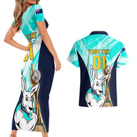 Custom Australia Soccer Couples Matching Short Sleeve Bodycon Dress and Hawaiian Shirt Matildas Kangaroo With World Cup Trophy 2023 Turquoise Version - Wonder Print Shop