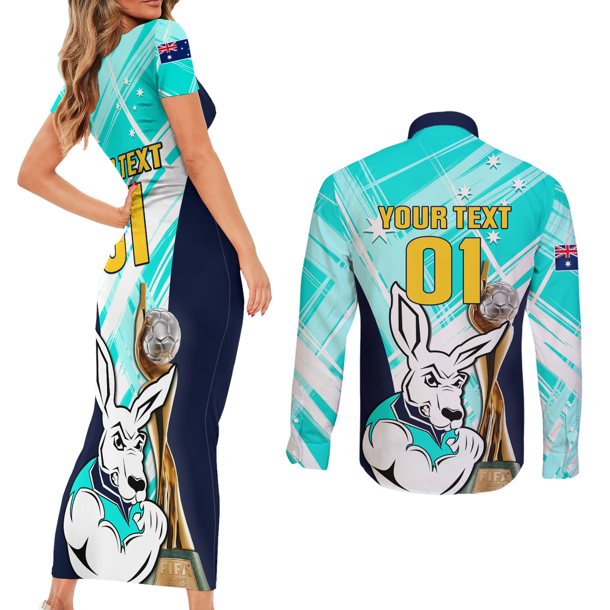 Custom Australia Soccer Couples Matching Short Sleeve Bodycon Dress and Long Sleeve Button Shirts Matildas Kangaroo With World Cup Trophy 2023 Turquoise Version - Wonder Print Shop