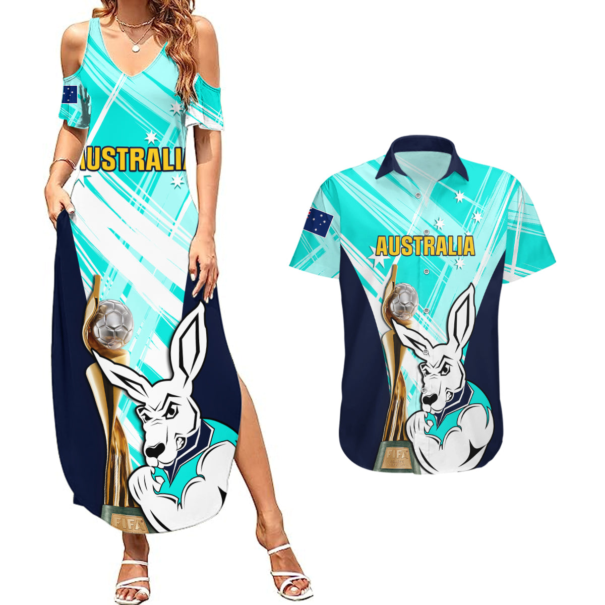 Custom Australia Soccer Couples Matching Summer Maxi Dress and Hawaiian Shirt Matildas Kangaroo With World Cup Trophy 2023 Turquoise Version - Wonder Print Shop